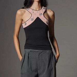 Anthropologie Pink and Black Floral Embellished Top